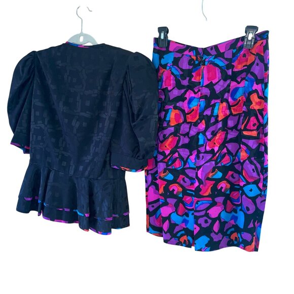 A J Bari Vintage Womens Skirt Suit Jacket Size 12 Black Balloon Sleeve Peplum - Picture 8 of 16